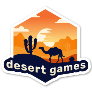 desertgames logo. featuring a silhouette of a cactus and camel